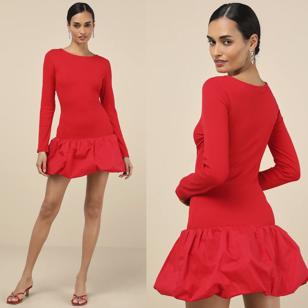 NWT Lulus Ideal Approach Red Long Sleeve Mini Dress L Poof Bottom